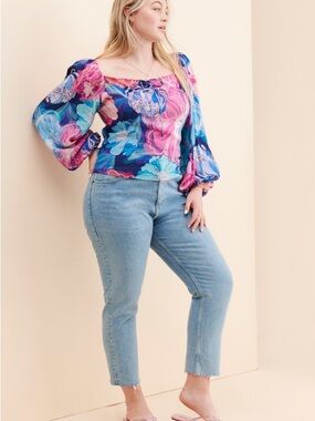 Conditions Apply Anthropologie Floral Square-Neck Blouse in Blue & Pink